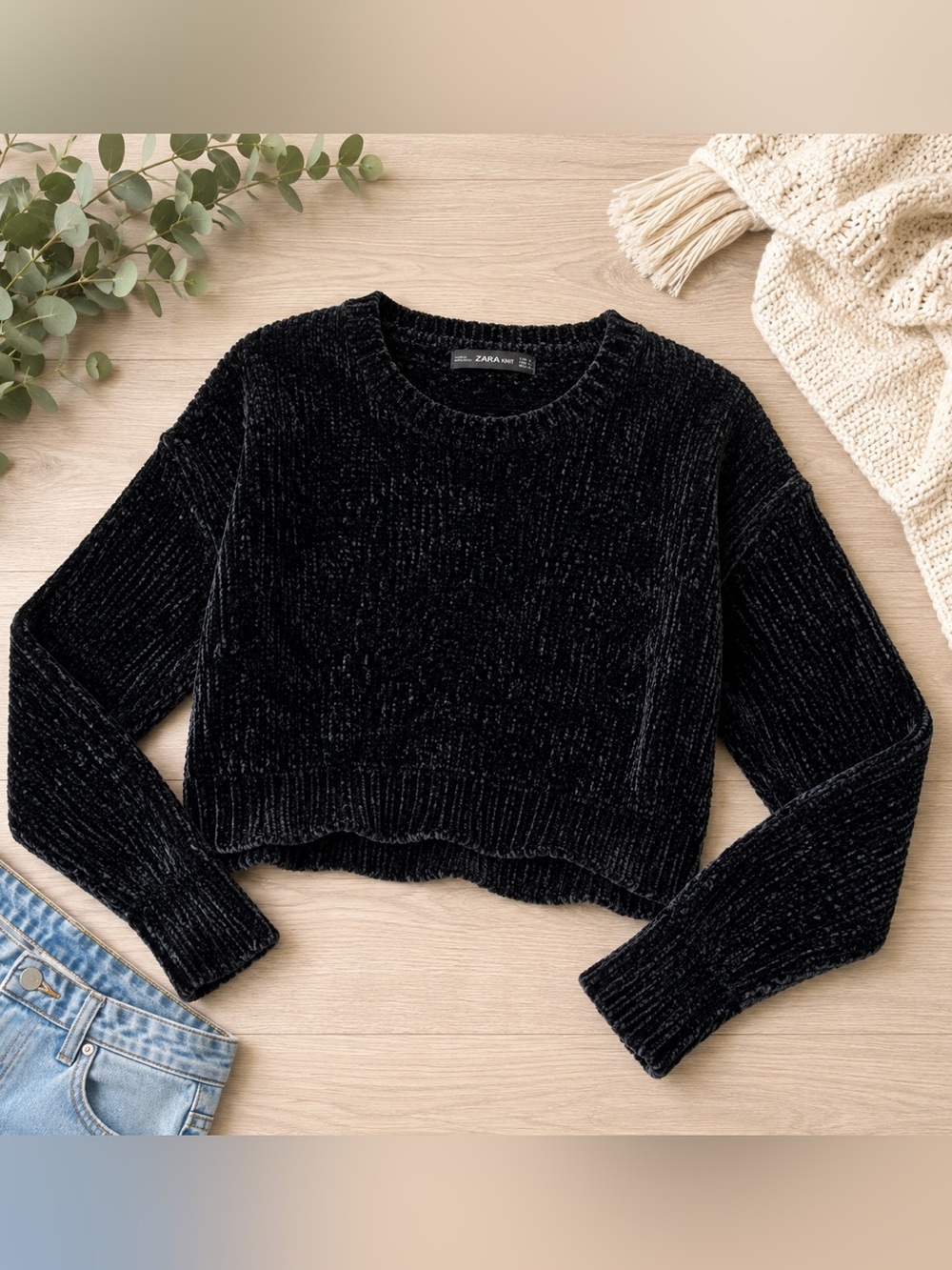 Zara Navy Plush Chenille Crewneck Sweater